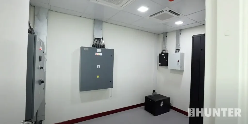 Interior view of custom modular guard house with electrical components on walls