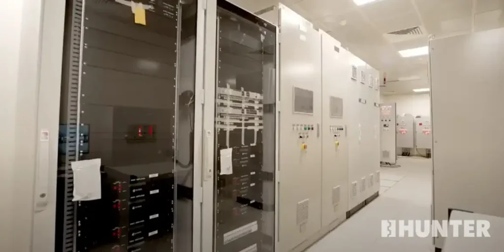 Instrument and electrical panels inside a white custom modular control room