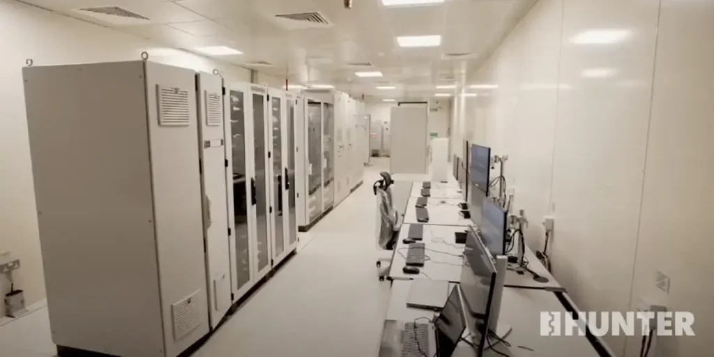 Instrument and electrical panels and computer desks inside a white custom modular control room